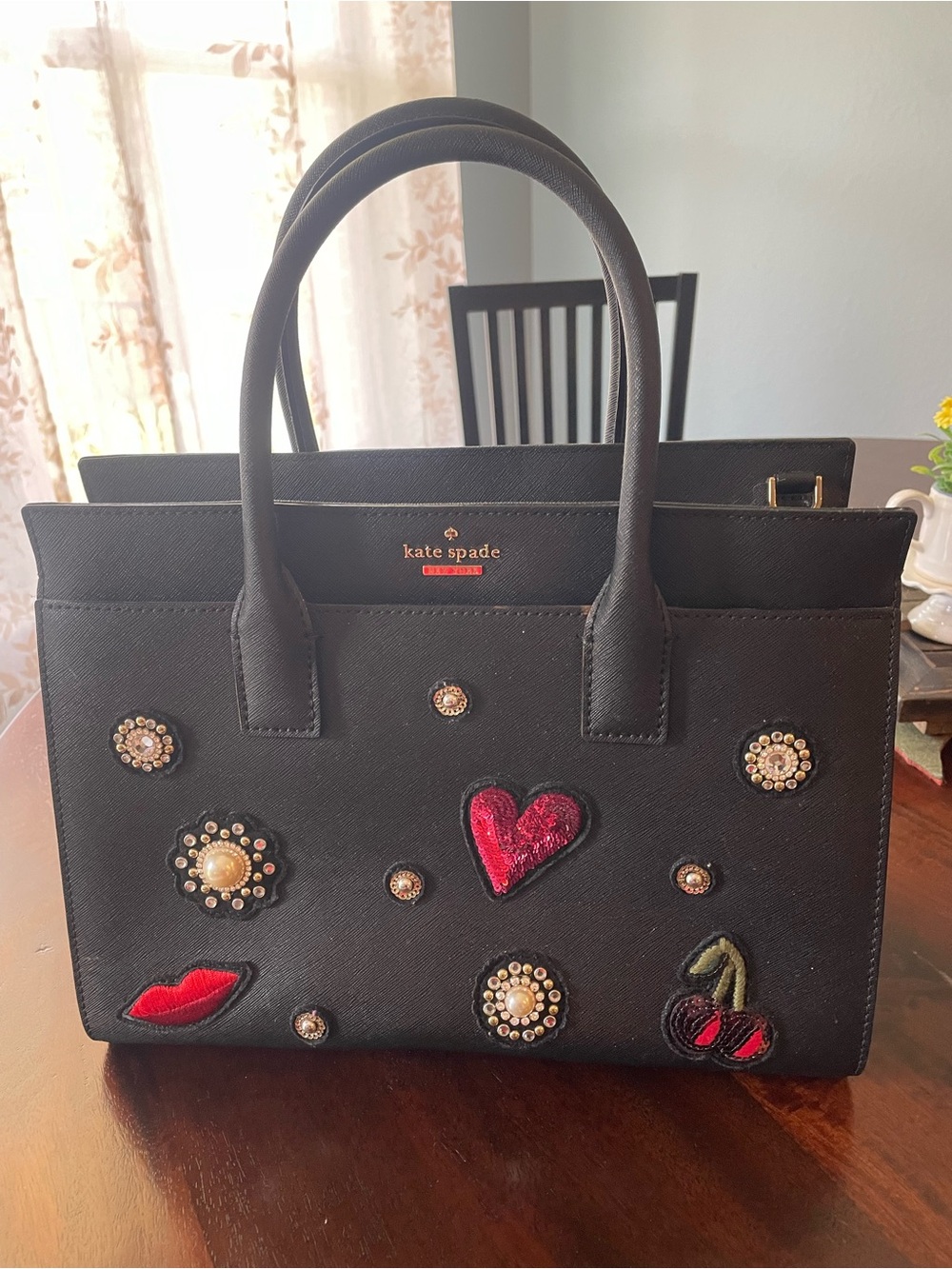kate spade Black Embellished Satchel with Red Heart & Cherry Patches